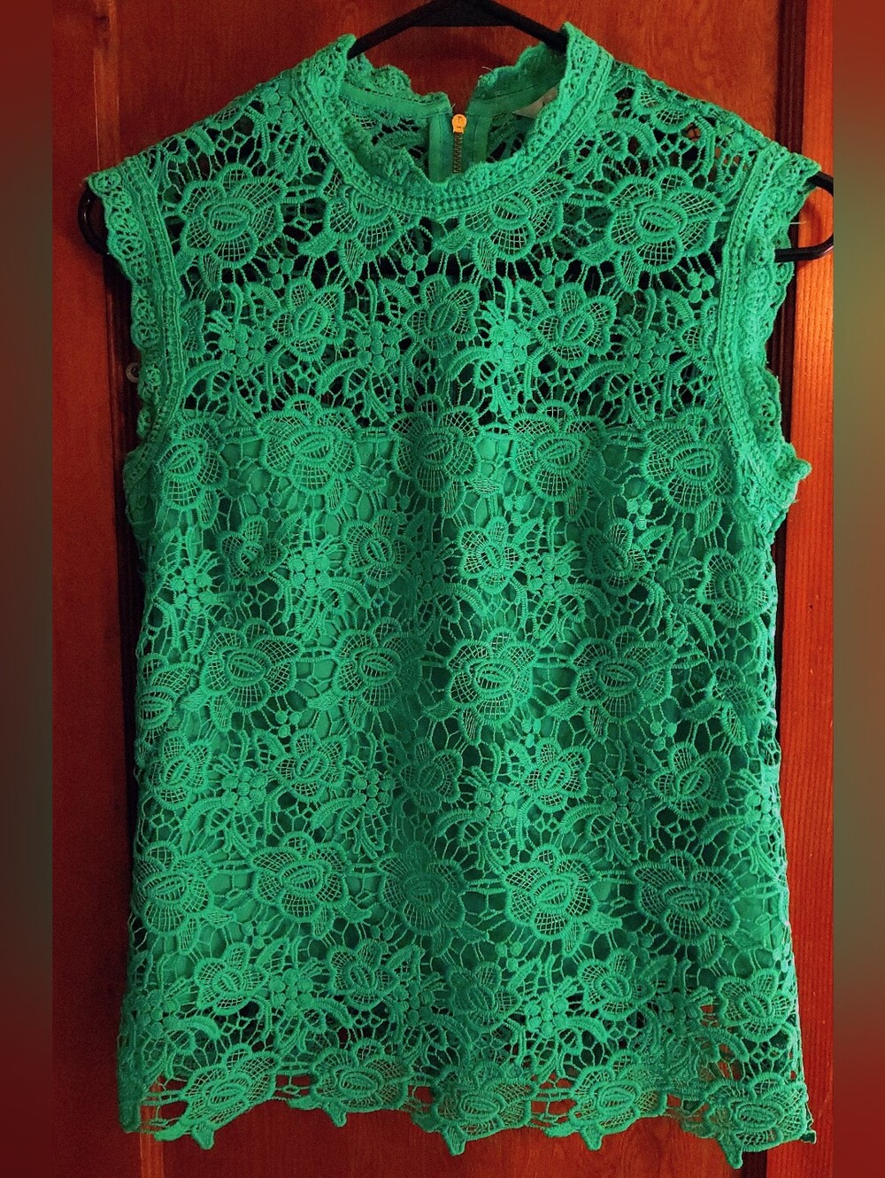 Vibrant Green Floral Crochet Lace Sleeveless Top Blouse Mock Neck